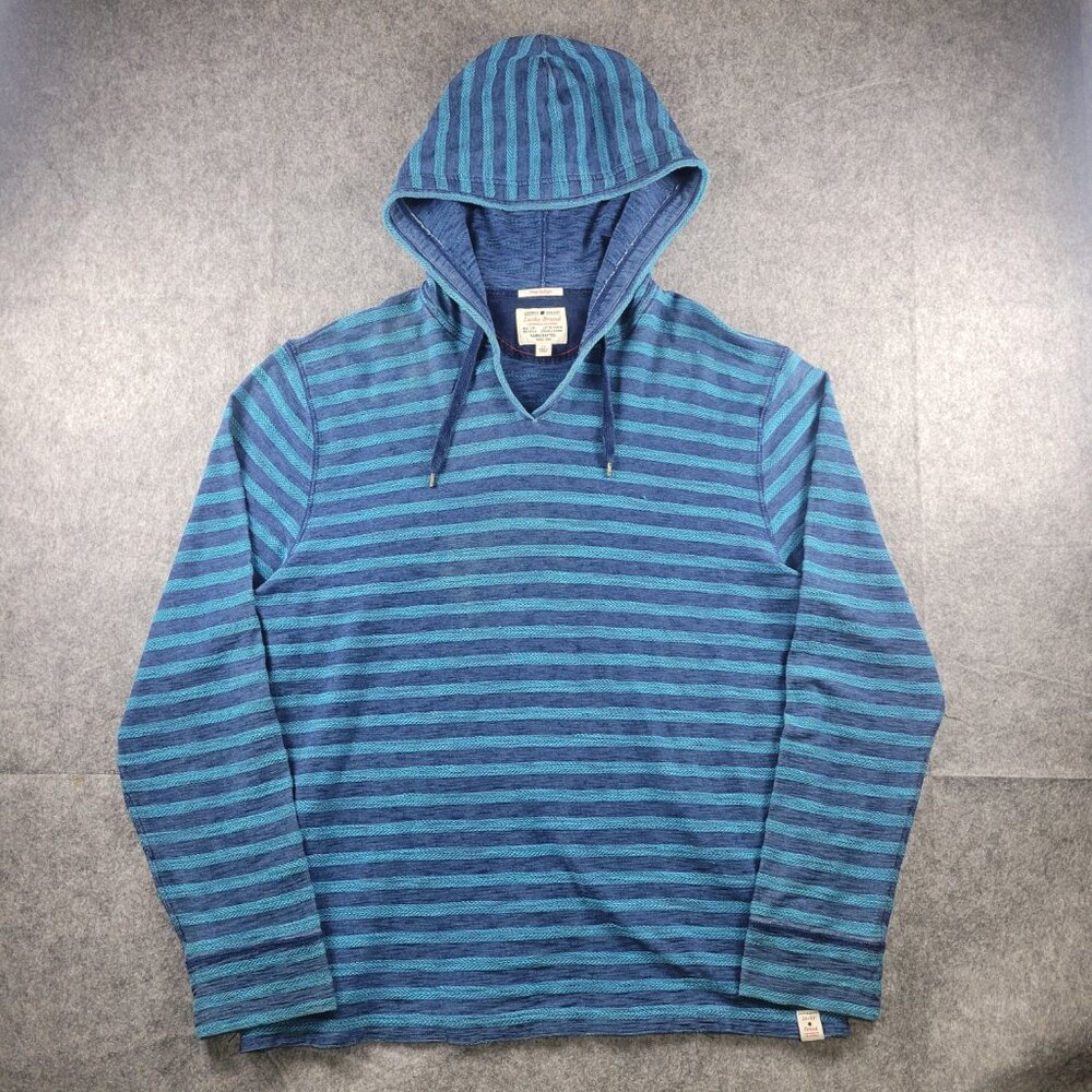 Lucky Brand True indigo Blue Striped Knit Pullover Hoodie Mens Size XL